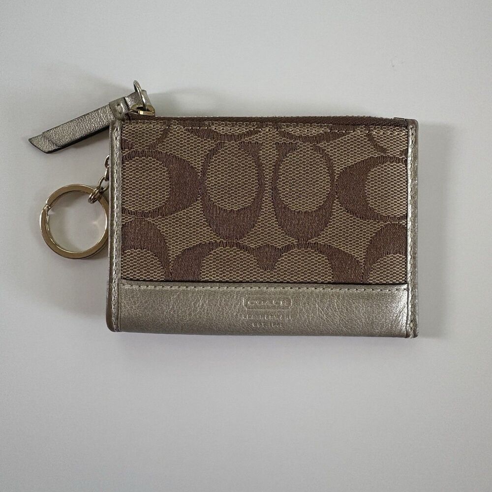 COACH Signature Vintage CC Credit Card Cash Coin Key Ring Wallet Tan GOLD Lthr